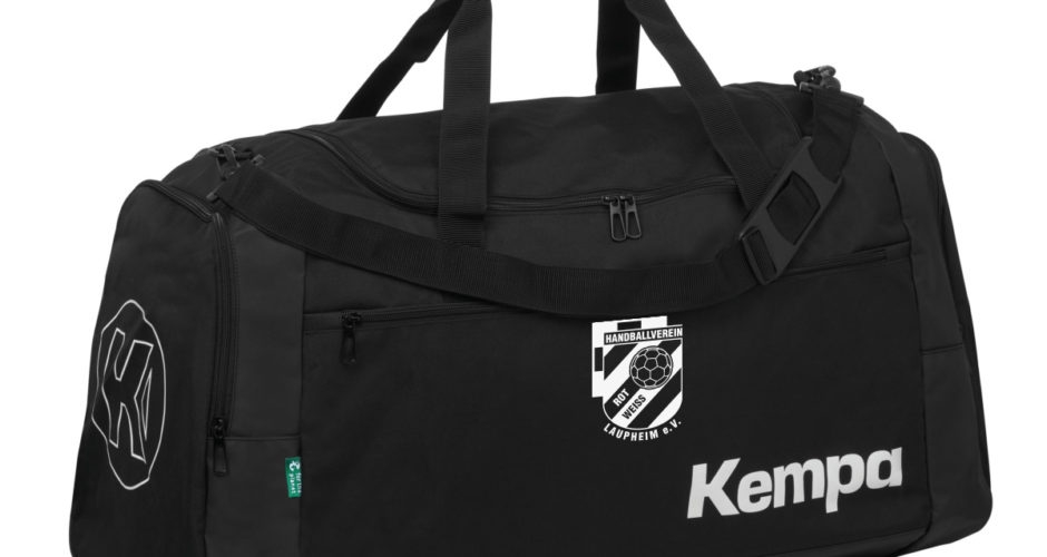 Schwarze Sporttasche mit weißem HRW-Logo und großem Kempa Schriftzug